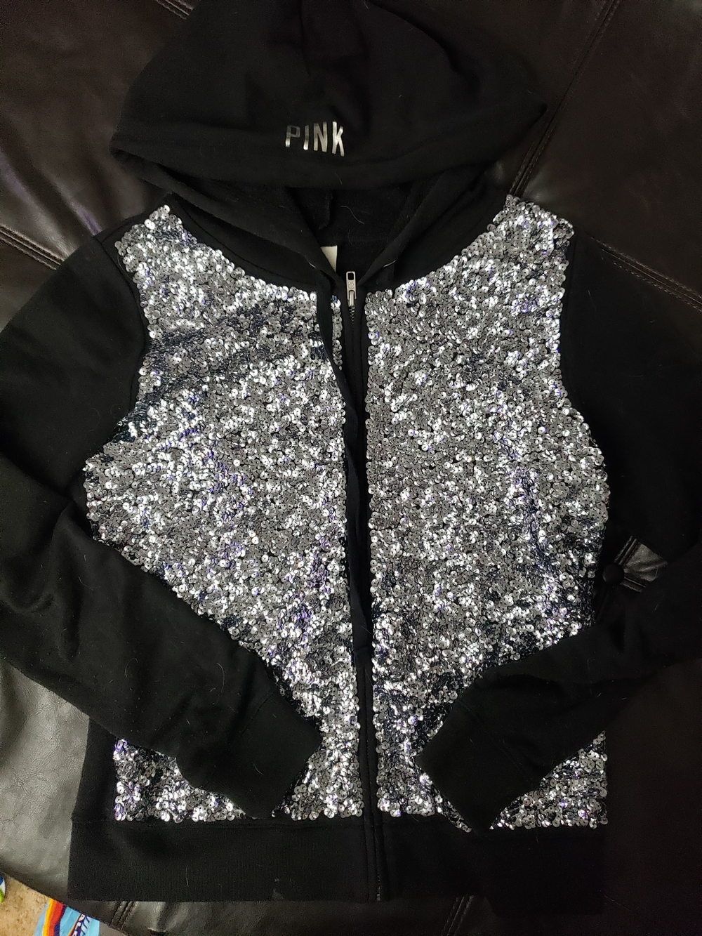 PINK- RARE-Victoria's Secret Black Sequin Zip Hoodie Jacket